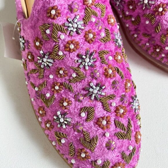 Free People Cosmic Pink Magenta Dancing Queen Velvet  Beaded Loafer Mules… - Picture 6 of 11